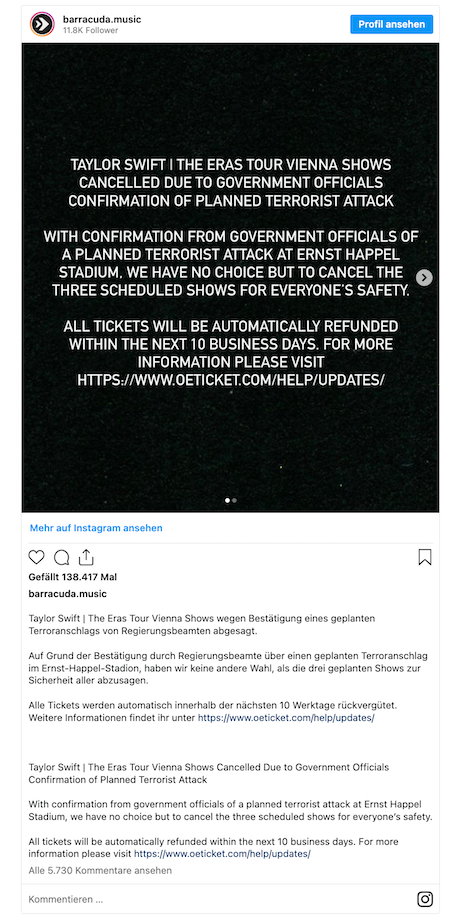 因为恐怖袭击，霉霉在维也纳的三场演唱会被取消-ichn.eu | 人在欧洲