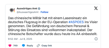 德国指责中国对其飞机实施激光袭击-ichn.eu | 人在欧洲